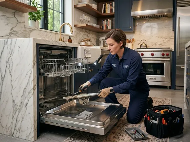Appliance Repair Hero technician servicing a built-in dishwasher in a Baraboo, WI kitchen