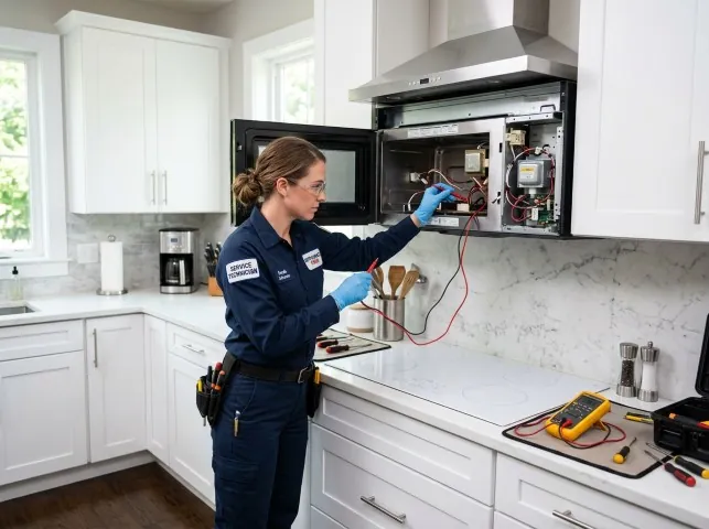 Appliance Repair Hero technician testing an over-the-range microwave in a Baraboo, WI kitchen